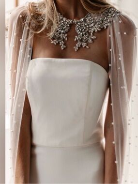 Strapless White Satin Pearl-Embellished Cape